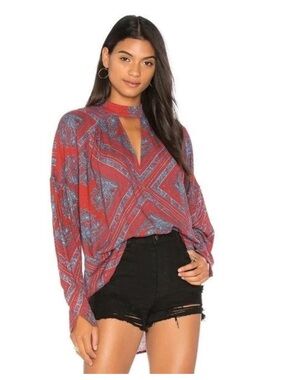 Free People Walking On A Dream Tunic Red Blue Print Keyhole Blouse XS